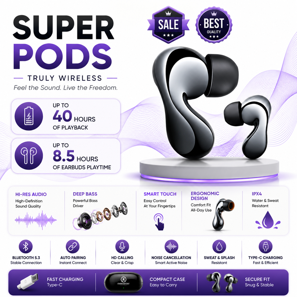FARISHTAY SuperPods Studio ANC TWS Ear Buds Wireless, 38dB Quad Mic Noise Cancellation, Hi-Res Audio with LDAC, 3D Soundstage, Up to 60H Playback, Bluetooth True Wireless Earbuds